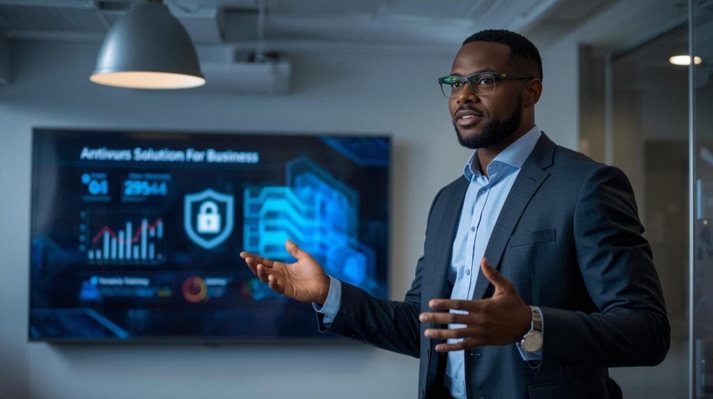 Consultor de tecnologia palestrando sobre antivírus corporativo em Curitiba, explicando a importância da proteção de computadores e dados das empresas.