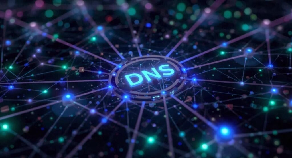 Explicação visual de como o DNS traduz domínios em endereços IP para acesso a sites na internet
