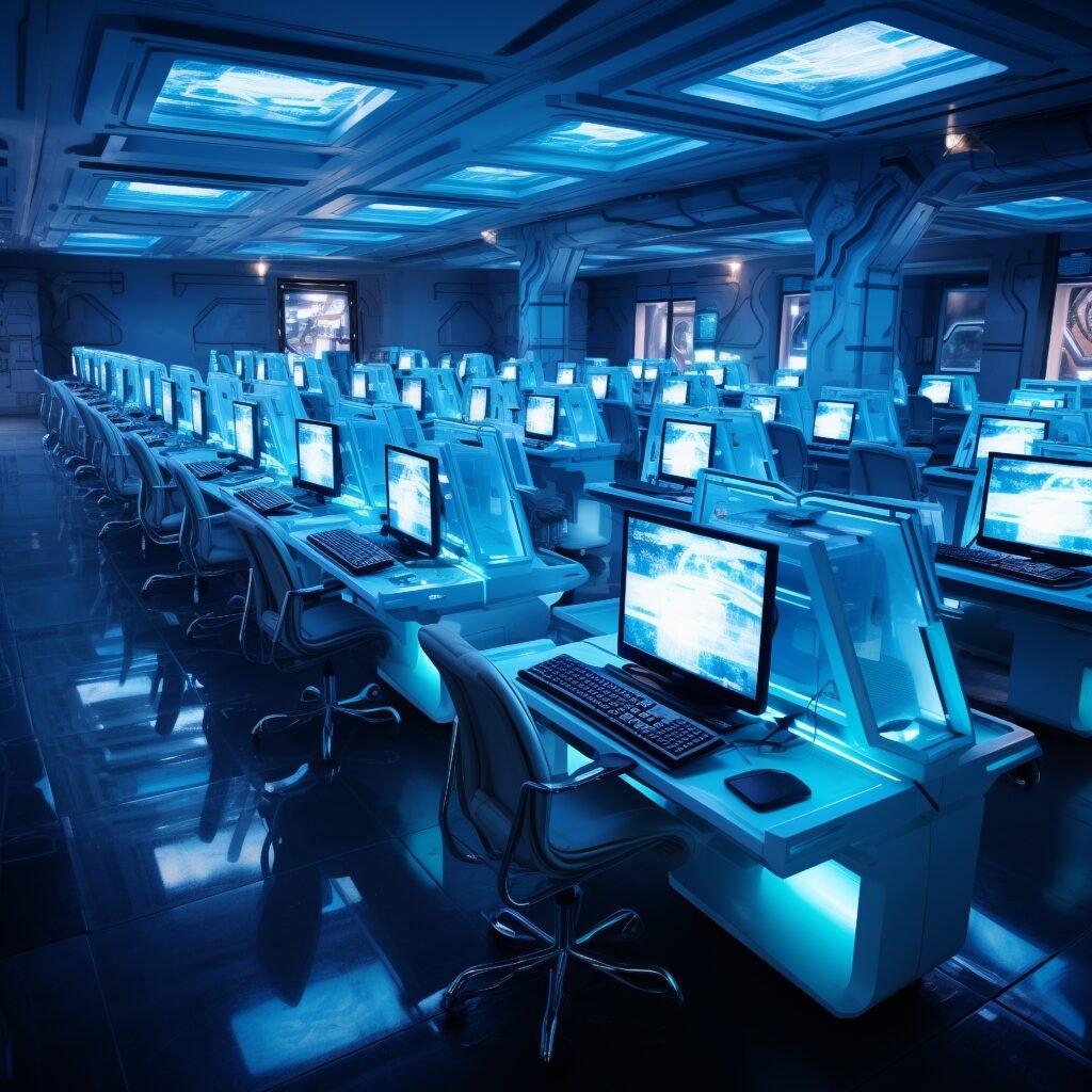 Gestor usando sistema de inventário de TI para controlar equipamentos, softwares e usuários em uma empresa moderna e tecnológica