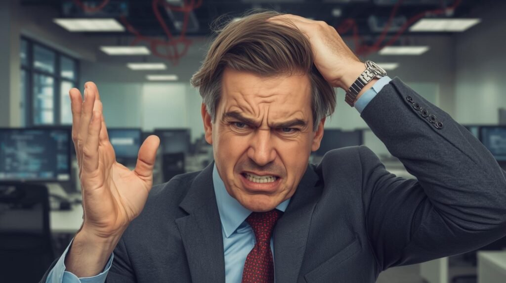 Empresário frustado com computadores e sistemas que não funcionam.