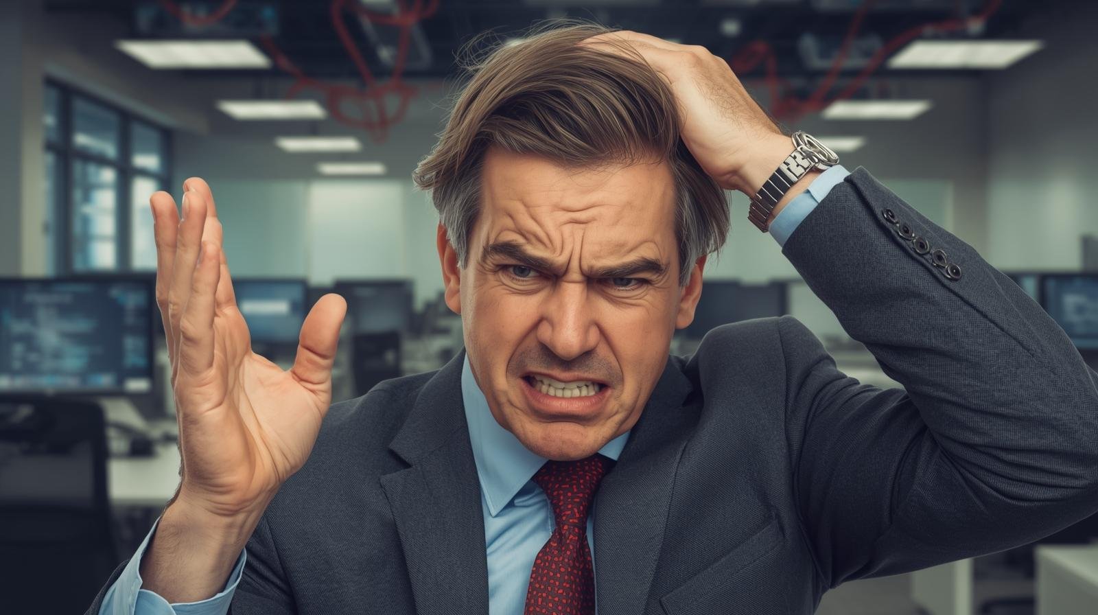 Empresário frustado com computadores e sistemas que não funcionam.