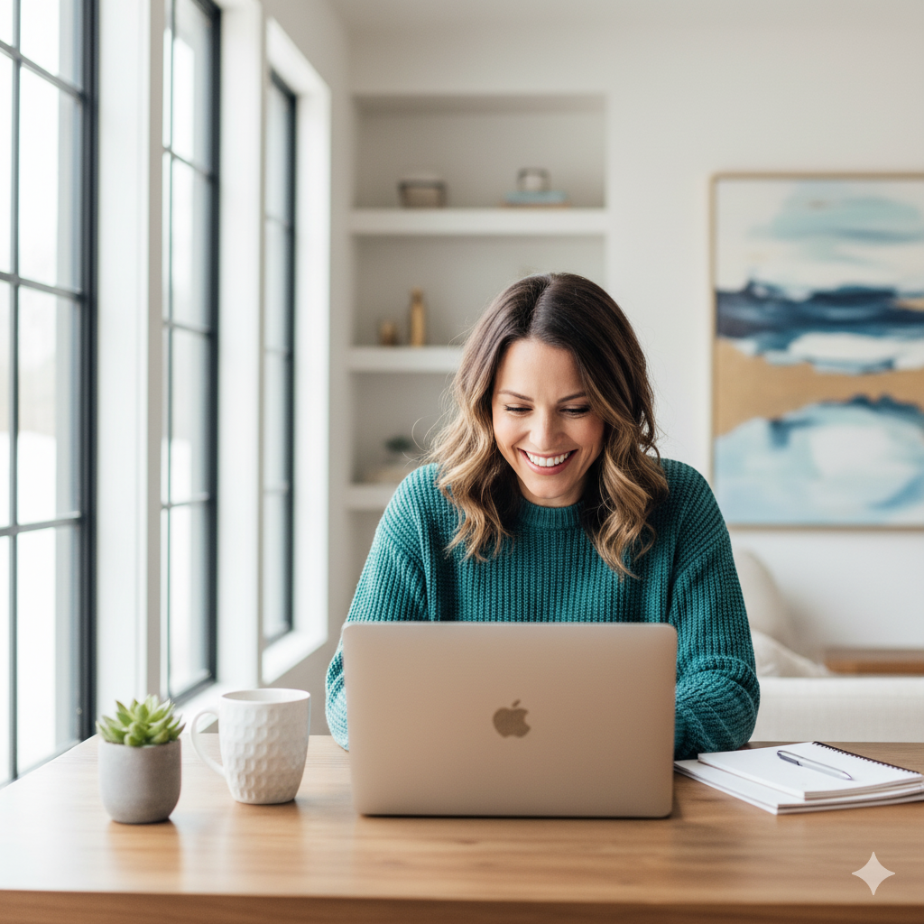 Jovem empresária utilizando Wi-Fi corporativo rápido e seguro no trabalho, garantindo produtividade e comunicação eficiente.
