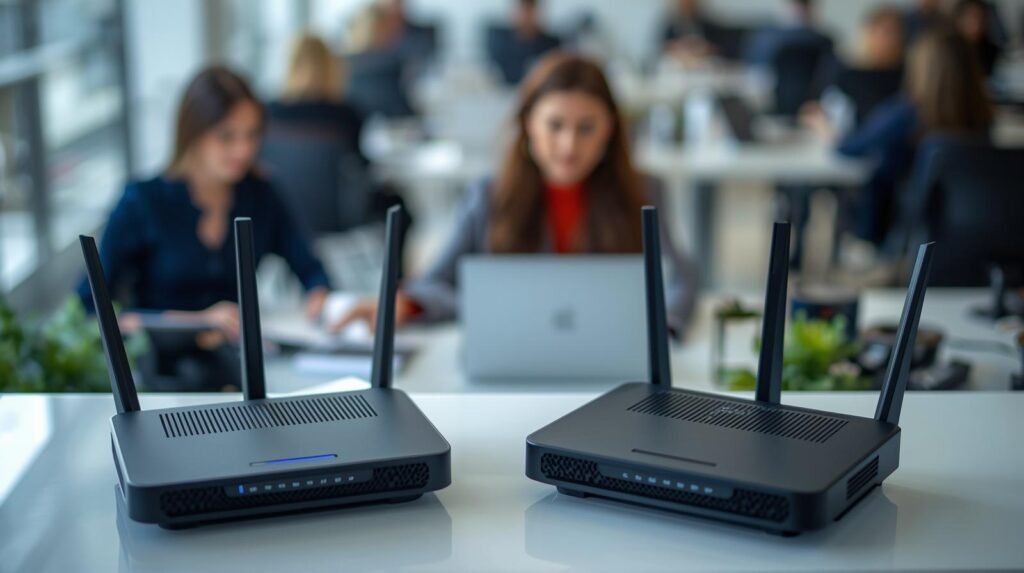 Roteadores corporativos em operação em empresa de Curitiba, garantindo internet estável e segura para rede empresarial.