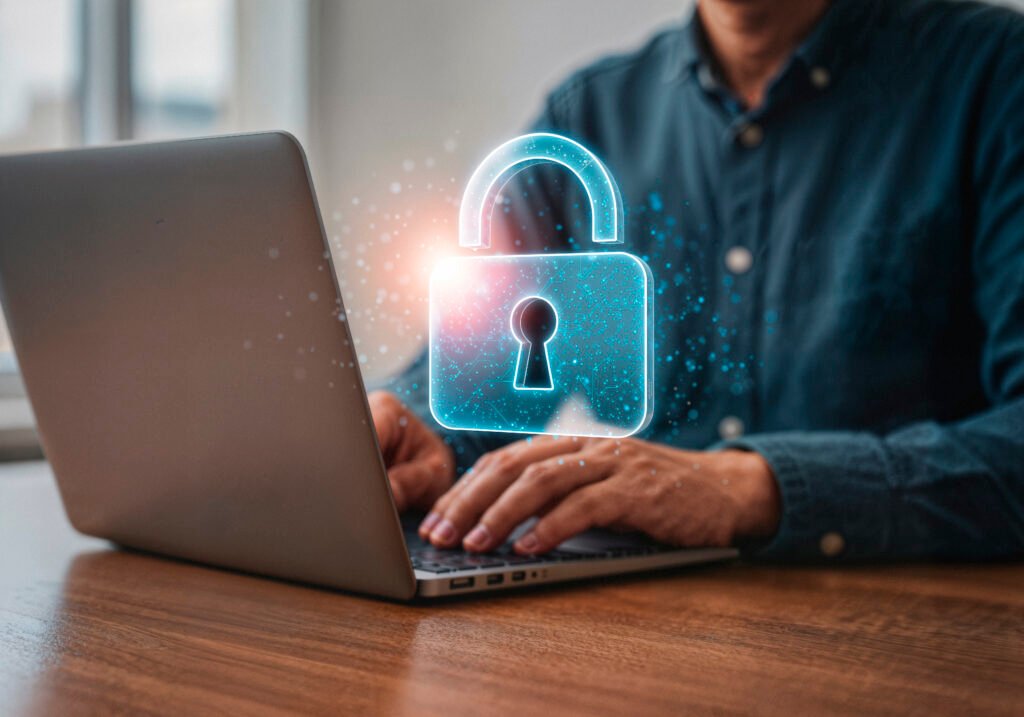 Colaborador acessando cofre de senhas corporativo para proteger dados da empresa.