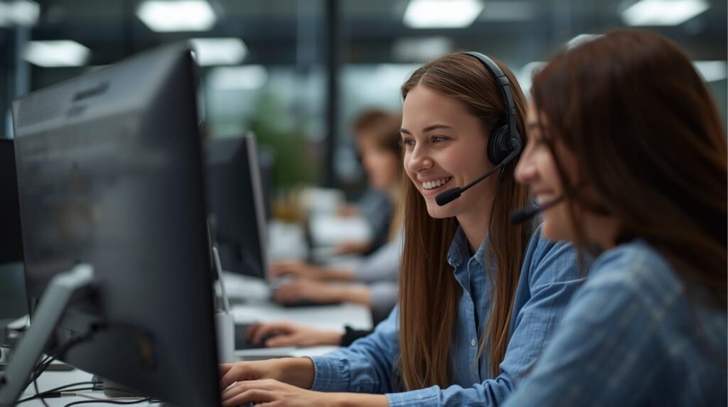 Profissionais de suporte de TI trabalhando em computadores, garantindo infraestrutura tecnológica eficiente para empresas em Curitiba e região