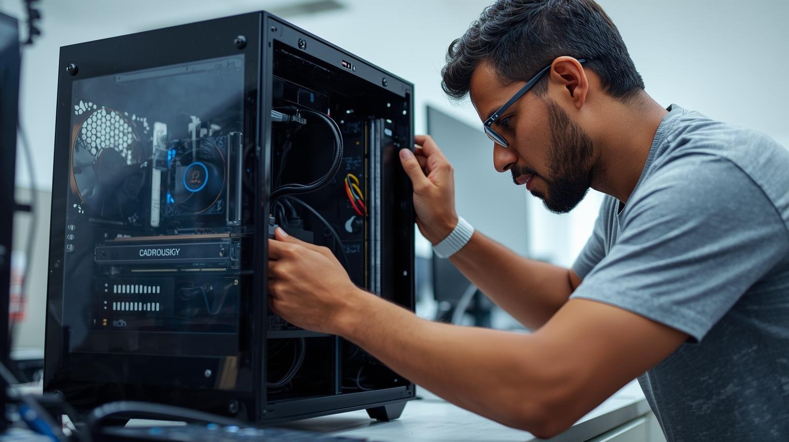 Técnico de TI efetuando upgrade de computador corporativo em Curitiba, melhorando desempenho e prolongando a vida útil do equipamento
